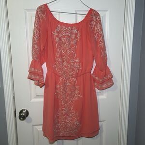 White House Black Market Off-the-Shoulder Embroidered Boho Mini Dress In Coral S